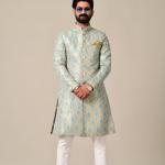 Handmade Sky Blue Gold Maharaja Style Brocade Silk Sherwani | Jaipurio